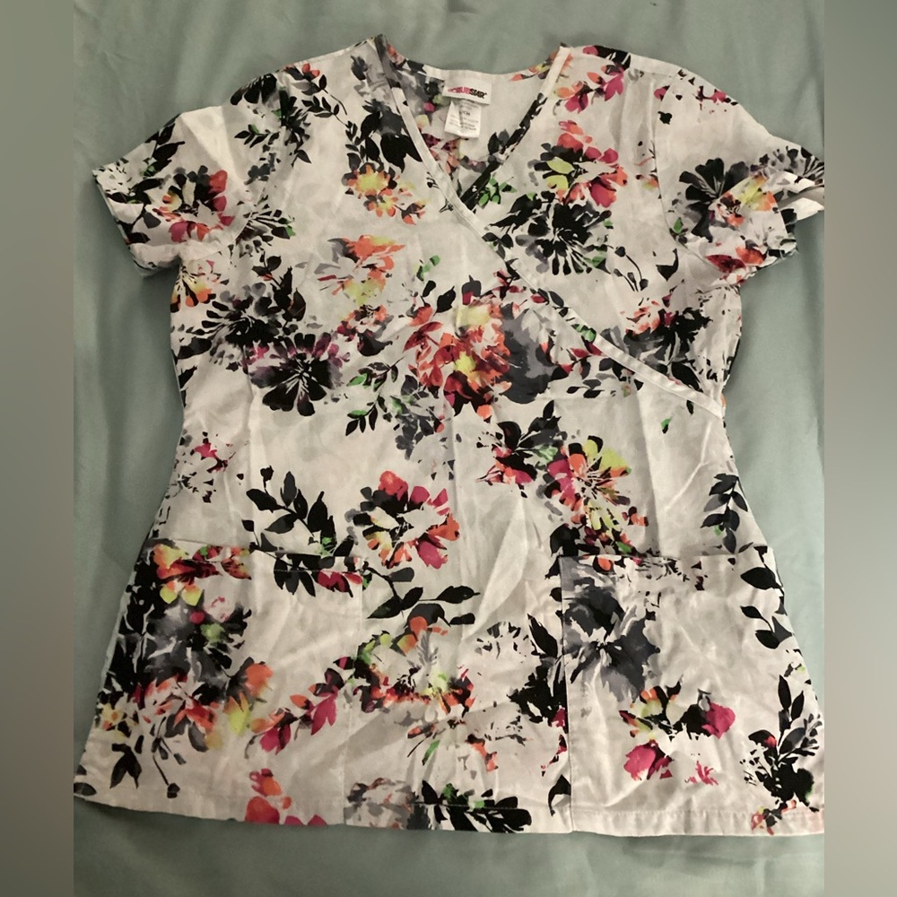 Scrubstar Black and Pink Wrap Short Sleeve Scrub Top